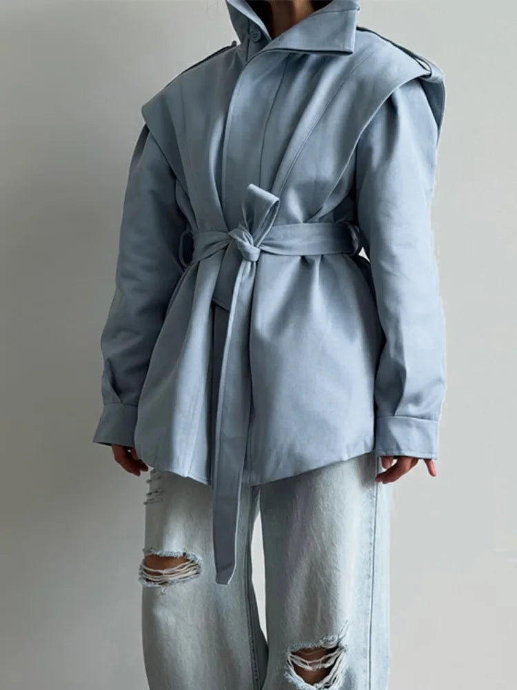 Solid Stand Collar Padded Coat Waist Tie Belt Long Cape Sleeve Button Zipper Loose Women Coats 2026 Autumn Commute Chic Outfit