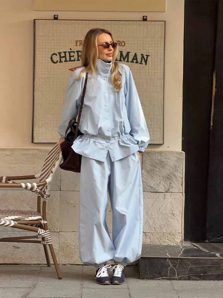 Women's Trousers 2 Pcs Sets Stand Collar Long Sleeve Single Breasted Pleated Ruffles Coats Lantern Pants Autumn Lady New Outfits
