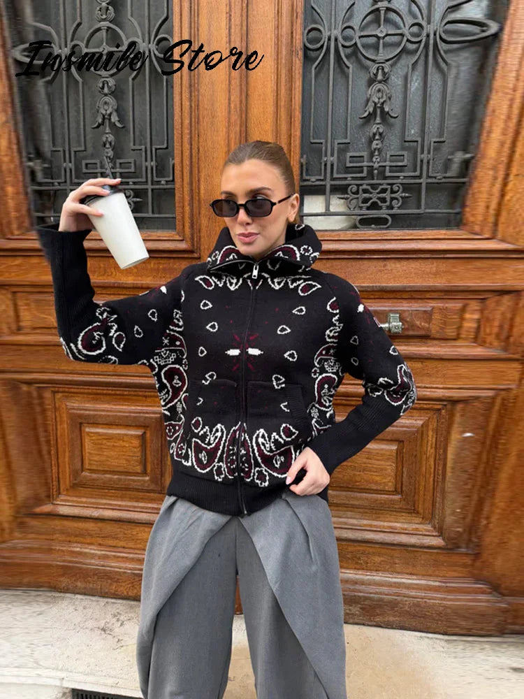 Fashion Knit Jacquard Cardigan Women Gray Stand Collar Zipper Full Sleeve Sweater 2026 Autumn Winter Lady Casual Street Knitwear