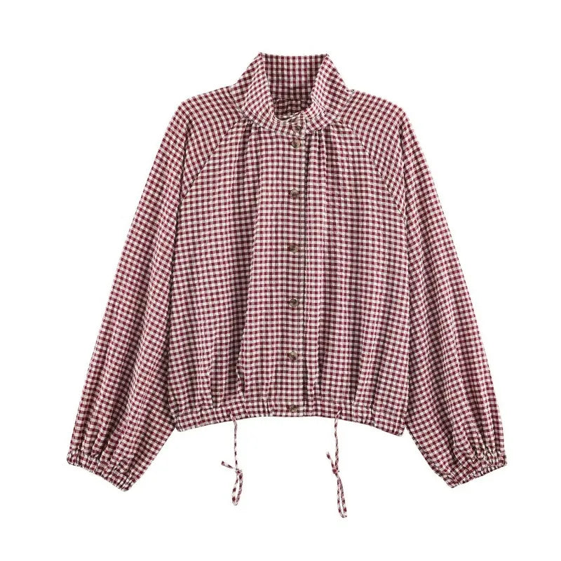 Women's Plaid Jacket, Vintage Gingham Check Coat, Stand Collar Long Sleeve Button Up Outerwear, Loose Casual Autumn Windbreaker