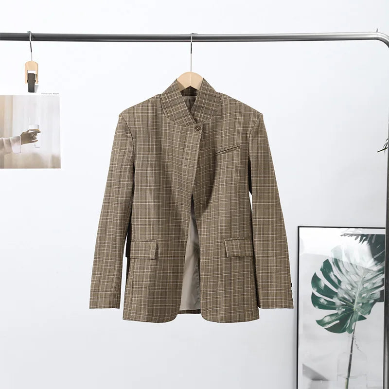 Fashion Women's Blazer Stand Collar Full Sleeve Single Button Female Plaid Blazers 2026 Autumn New Chic Casual Commute Lady Coat