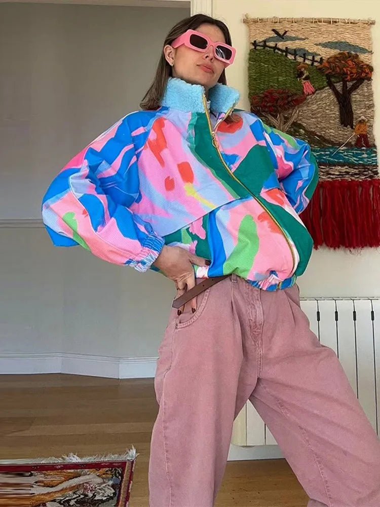 Rainbow Print Corduroy Fleece Collar Er Jacket Oversized Zip Up 2026 Autumn Women Outerwear Vibrant Casual Lady Chaqueta
