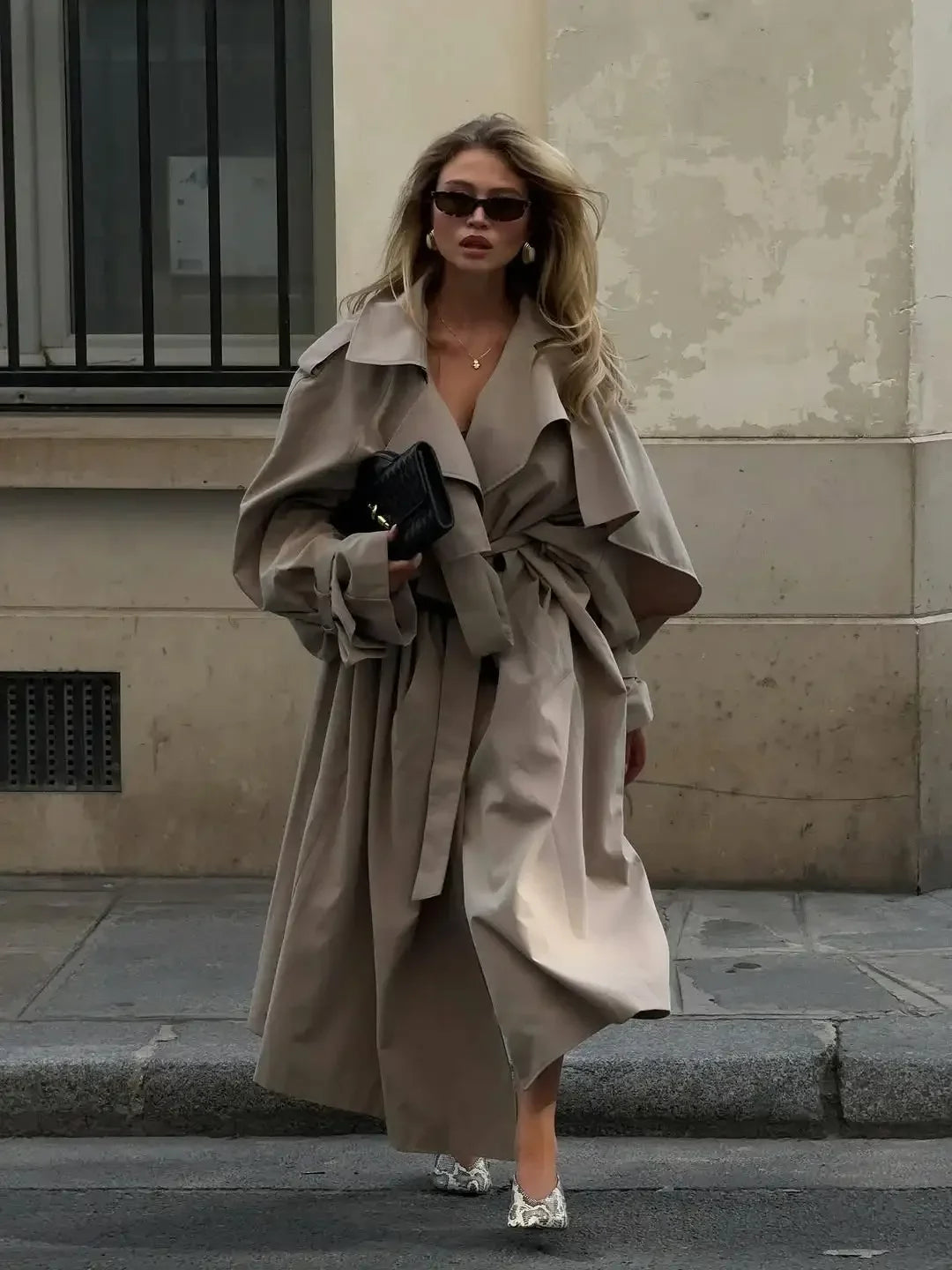 Khaki Lace Up Cape Trench Coat Loose Solid Full Sleeve Lapel Windbreaker 2026 Autumn New Fashion Commute Casual Daily Coats