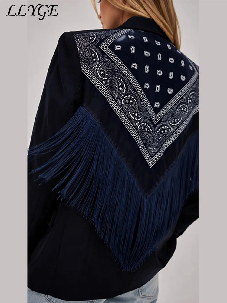 Fashion Women's Printed Tassels Blazer Loose Lapel Single Breasted Full Sleeve Female Suit Jackets 2026 Autumn Commute Outwear