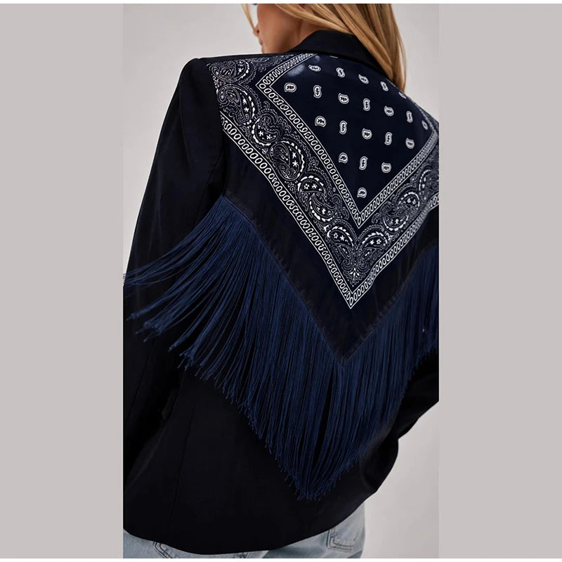 Fashion Women's Printed Tassels Blazer Loose Lapel Single Breasted Full Sleeve Female Suit Jackets 2026 Autumn Commute Outwear