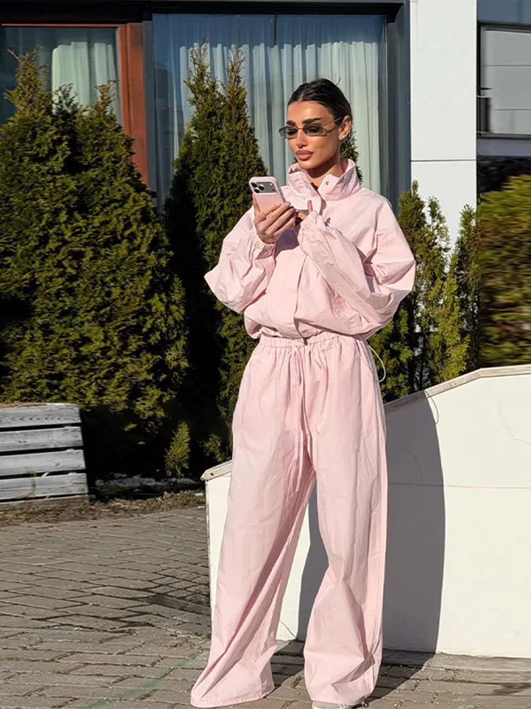 Women's Trousers 2 Pcs Sets Stand Collar Long Sleeve Single Breasted Pleated Ruffles Coats Lantern Pants Autumn Lady New Outfits