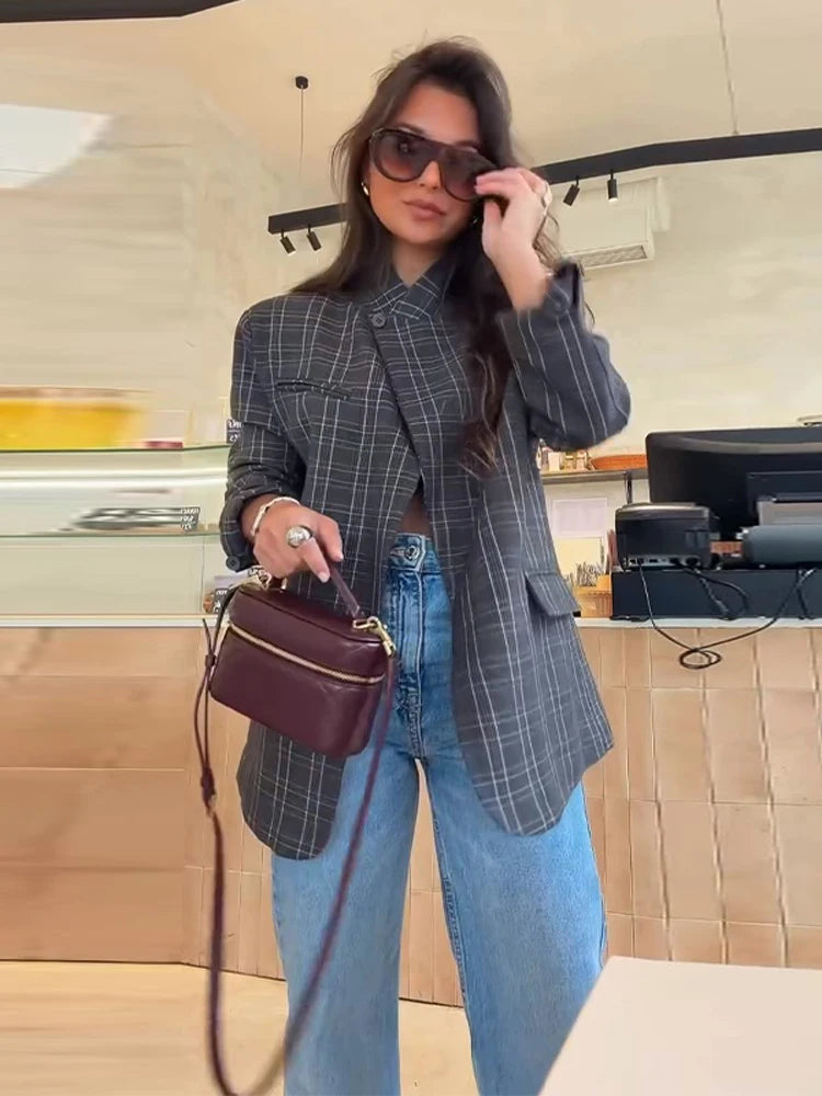 Fashion Women's Blazer Stand Collar Full Sleeve Single Button Female Plaid Blazers 2026 Autumn New Chic Casual Commute Lady Coat