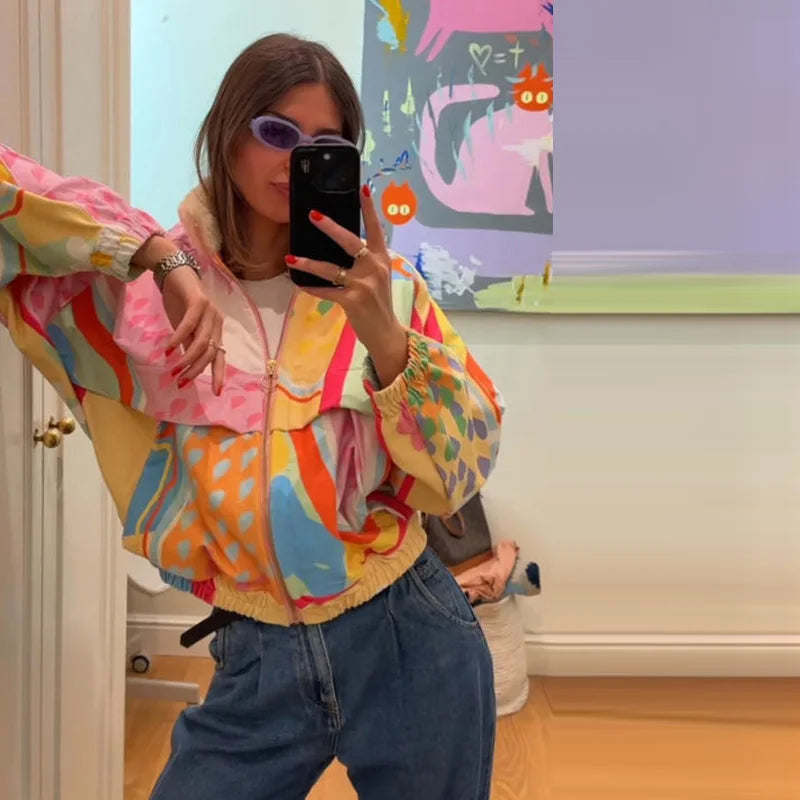 Rainbow Print Corduroy Fleece Collar Er Jacket Oversized Zip Up 2026 Autumn Women Outerwear Vibrant Casual Lady Chaqueta