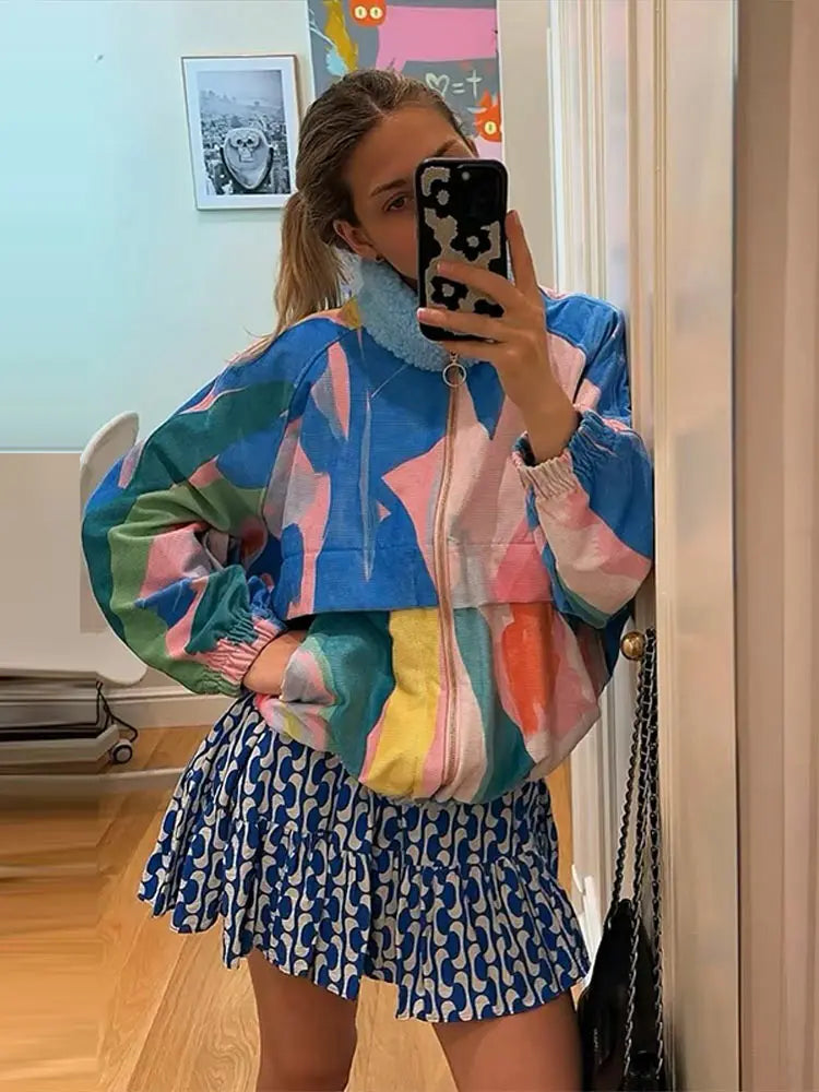 Rainbow Print Corduroy Fleece Collar Er Jacket Oversized Zip Up 2026 Autumn Women Outerwear Vibrant Casual Lady Chaqueta