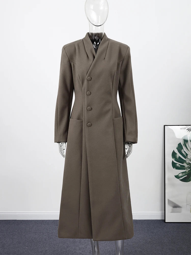 Women's Winter Coat Diagonal Placket Single Breasted Shoulder Pad Woolen Jacket Autumn 2025 Office Lady Waist Cinching Outerwear