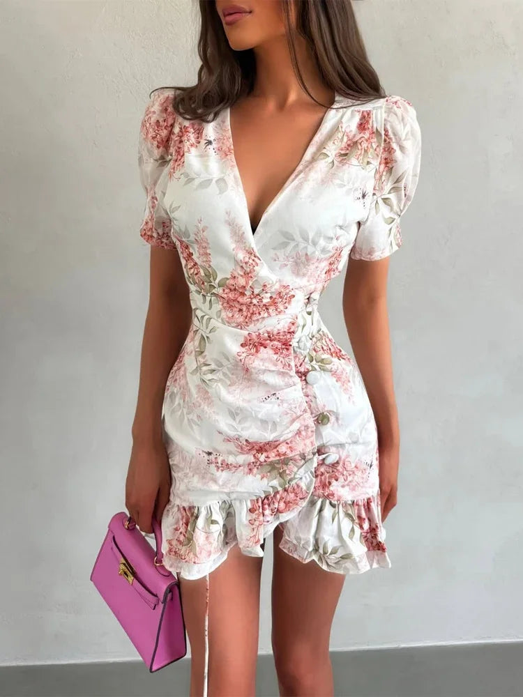 Women Sexy Flora Painted Ruffle Slim Dress Chic Deep V-neck Double Layered Ruffled Hem Dresses Lady New Daily Party Gowns