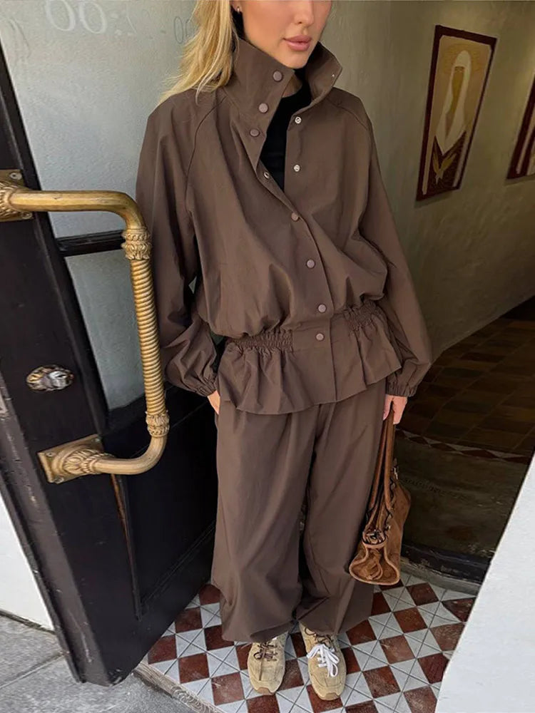 Women's Trousers 2 Pcs Sets Stand Collar Long Sleeve Single Breasted Pleated Ruffles Coats Lantern Pants Autumn Lady New Outfits