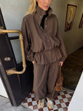 Women's Trousers 2 Pcs Sets Stand Collar Long Sleeve Single Breasted Pleated Ruffles Coats Lantern Pants Autumn Lady New Outfits