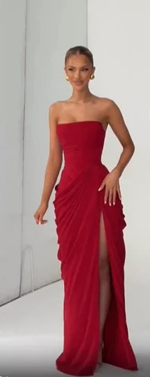 Yellow Strapless Pleated Dress Women Elegant Sexy Sleeveless Waist Cinching Split Maxi Gowns 2026 Lady New Evening Party Dresses