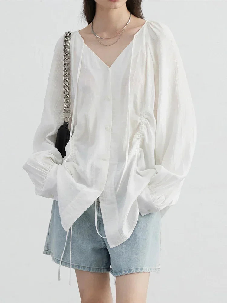 CHIC VEN Women Loose Lace Up Shirt Solid New Korean V-neck Pleated Raglan Long Sleeved Blouses Female Tops Spring Summer 2026