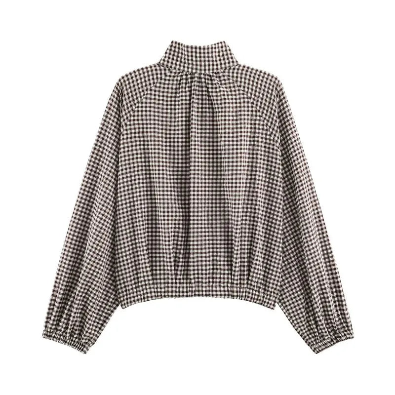 Women's Plaid Jacket, Vintage Gingham Check Coat, Stand Collar Long Sleeve Button Up Outerwear, Loose Casual Autumn Windbreaker