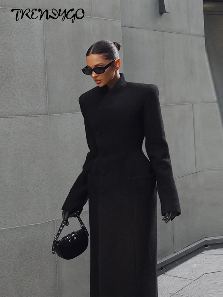 Women's Winter Coat Diagonal Placket Single Breasted Shoulder Pad Woolen Jacket Autumn 2025 Office Lady Waist Cinching Outerwear
