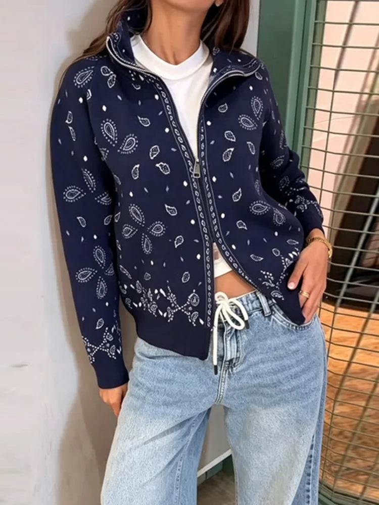 Vintage Knit Jacquard Women's Cardigans Loose Stand Collar Double Zippers Full Sleeve Sweater 2026 Autumn Lady Chic Knitwear