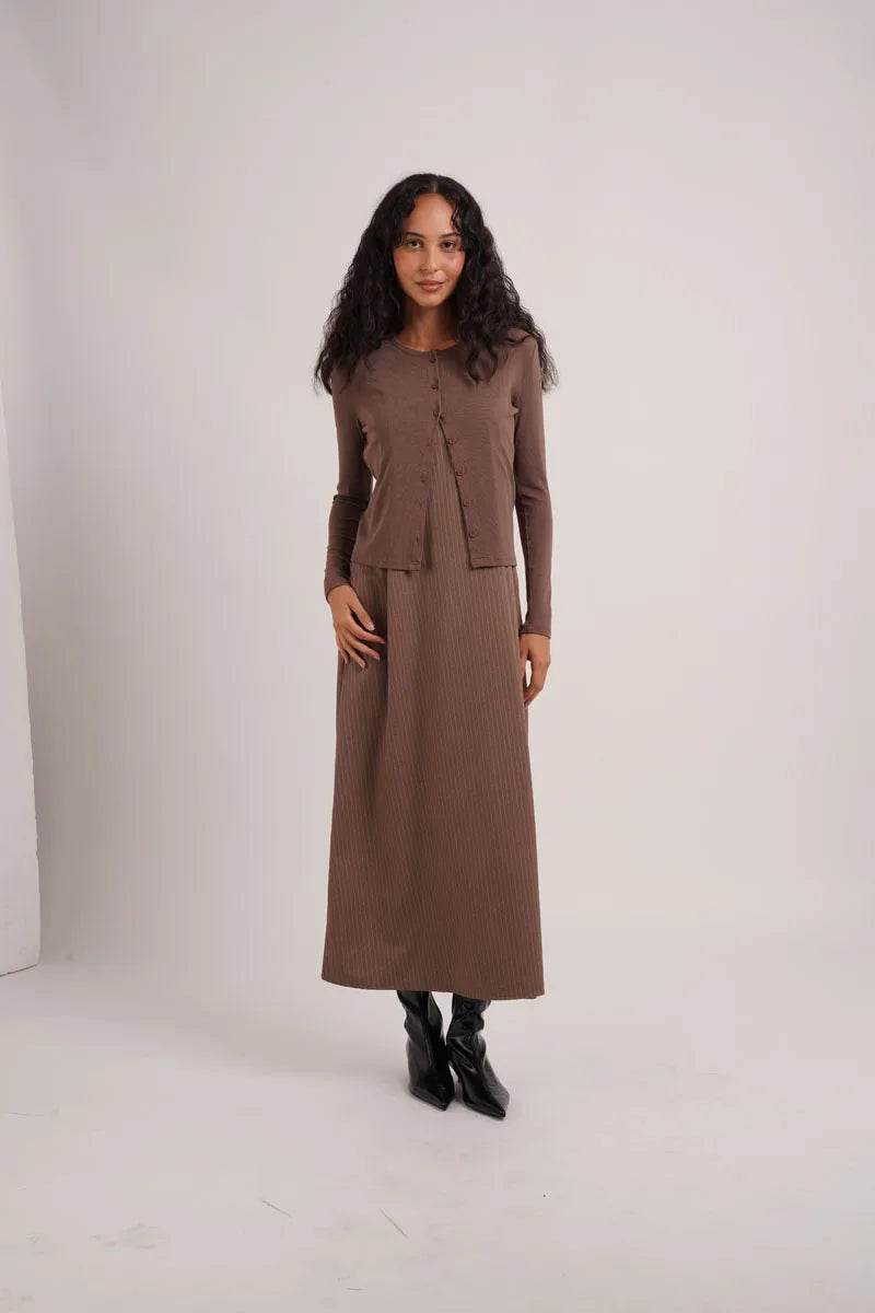 AS AW26 Pinstripe collection woman clothes ribbing cardigan + Embroidery vest  + Pinstripe slip dress+  Pinstripe  skirt