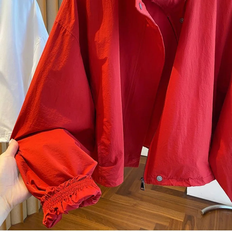 Women's Red Stand Collar Jacket, Casual Loose Fit Zip Up Outerwear with Drawstring Cuffs, Short Thin Coat for Autumn Spring