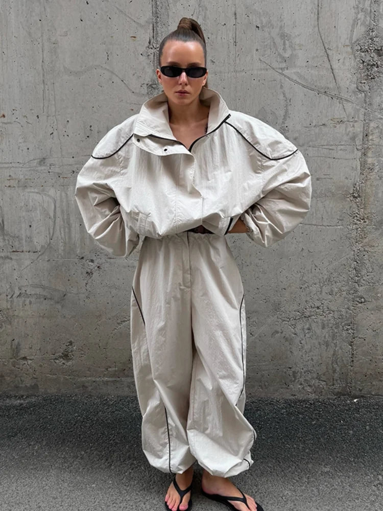 Women's Trousers 2 Pcs Sets Stand Collar Long Sleeve Single Breasted Pleated Ruffles Coats Lantern Pants Autumn Lady New Outfits