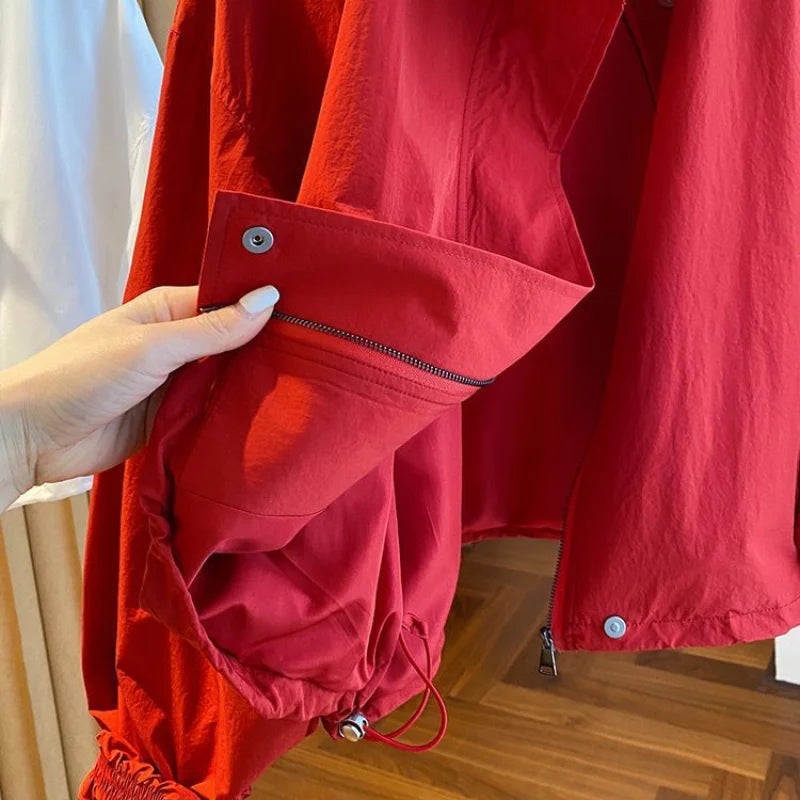 Women's Red Stand Collar Jacket, Casual Loose Fit Zip Up Outerwear with Drawstring Cuffs, Short Thin Coat for Autumn Spring