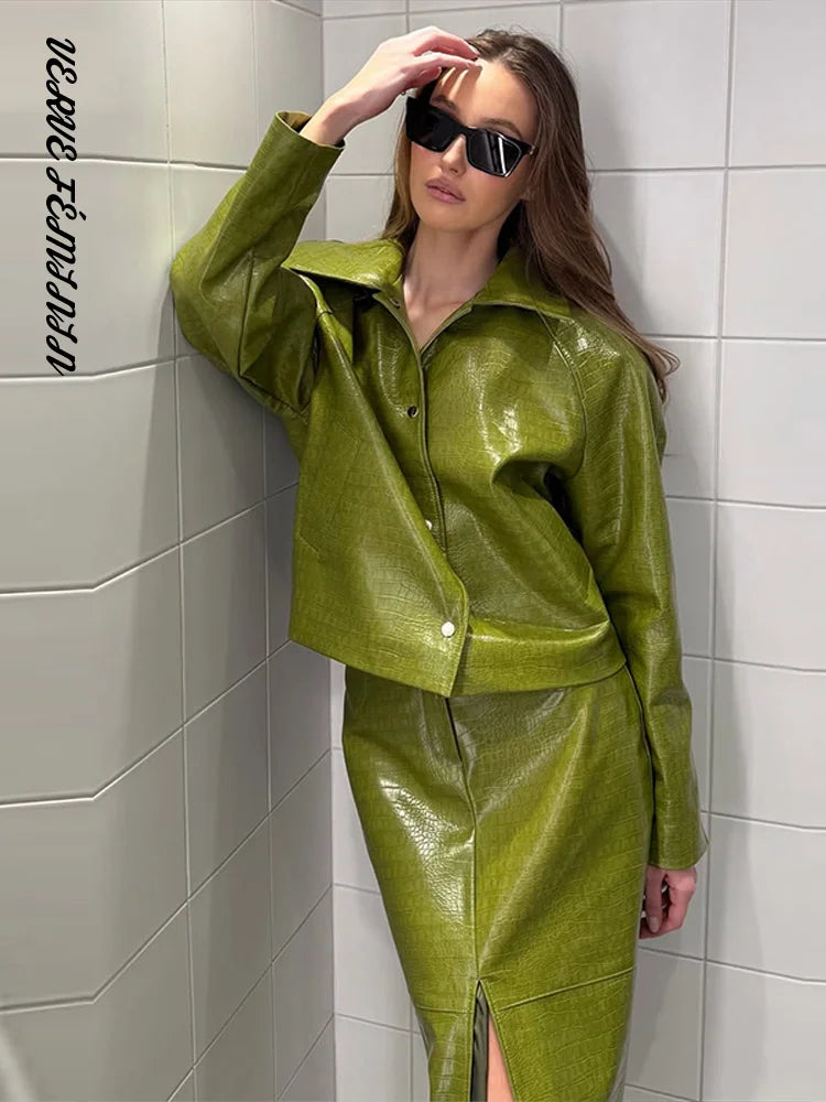 Women's Skirt Sets Crocodile Faux Leather Lapel Long Sleeve Button Oversized Jackets Straight Skirts Autumn Female Loose Outfits