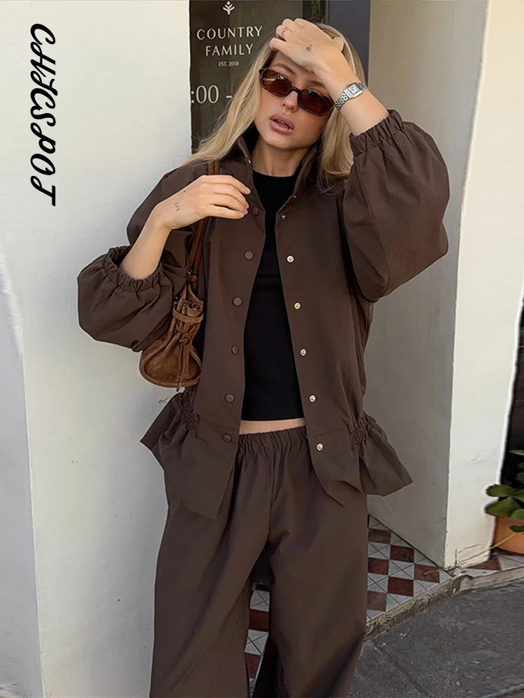 Women's Trousers 2 Pcs Sets Stand Collar Long Sleeve Single Breasted Pleated Ruffles Coats Lantern Pants Autumn Lady New Outfits