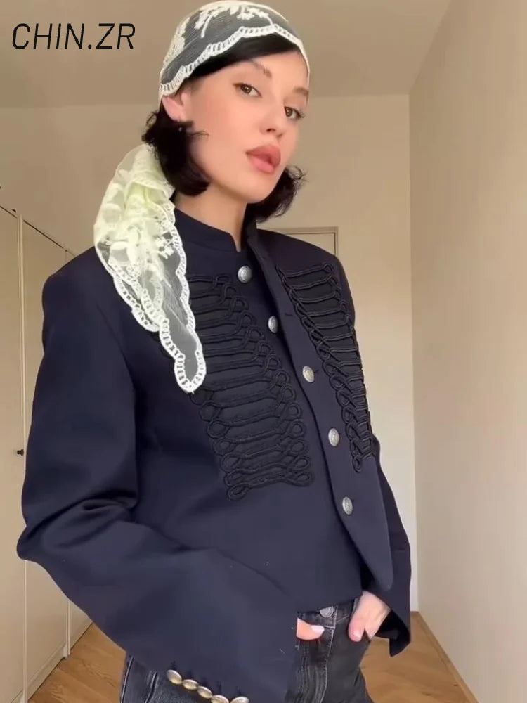 Vintage Women's Cropped Napoleon Jacket Stand Collar Single Breasted Hussar Jackets 2026 Autumn Lady Chic Black Outwear New