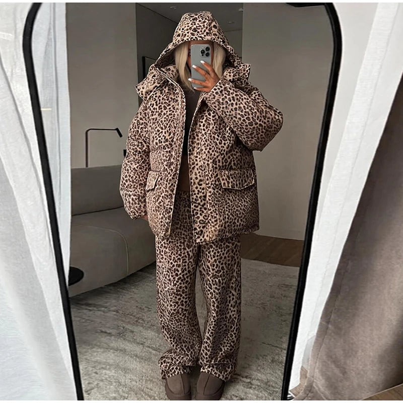 Fashion Women's Stripe Cotton Padded Coat Pant Set Loose Full Sleeve Hooded Zipper Jacket Elastic Waist Pants 2026 Winter Suits