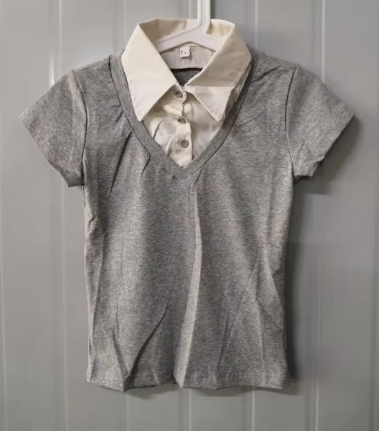 Women's Clothing 2026 Summer T Shirts Fashion Simple Tees Casual Fake Two Tshirts Short Sleeve Patchwork Tunic T-shirt Tops