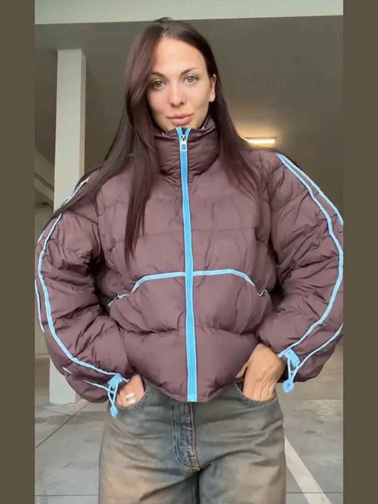 Casual Contrasted Color Women's Cotton Coats Zippers Stand Collar Loose Lady Thicken Jackets 2026 Autumn Winter Female Tops New