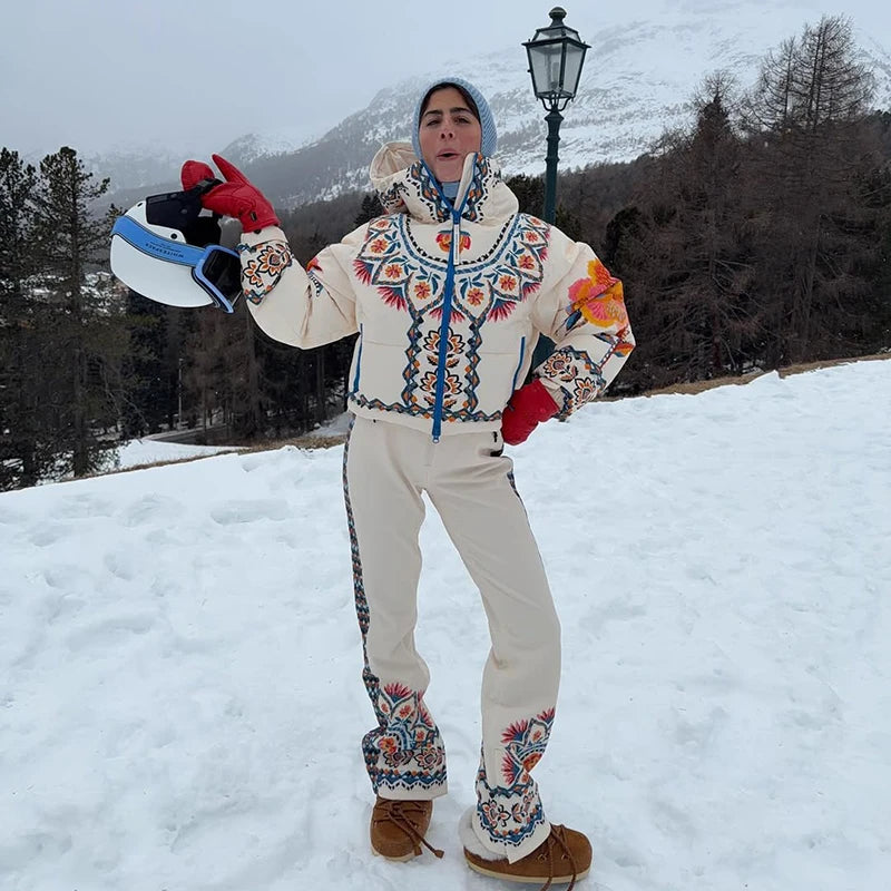 Women's Printed Hooded Ski Jackets Jumpsuit Sets Long Sleeve Zipper Short Coats Straight Leg Overalls 2026 Winter Lady Ski Suits