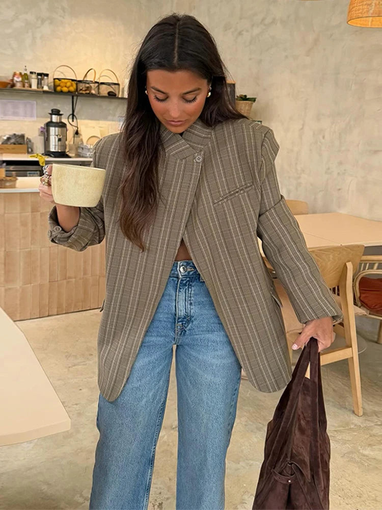 Fashion Women's Blazer Stand Collar Full Sleeve Single Button Female Plaid Blazers 2026 Autumn New Chic Casual Commute Lady Coat