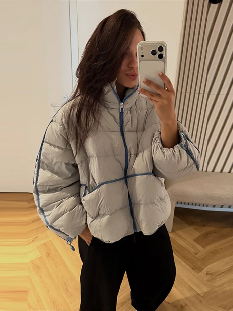 Casual Contrasted Color Women's Cotton Coats Zippers Stand Collar Loose Lady Thicken Jackets 2026 Autumn Winter Female Tops New