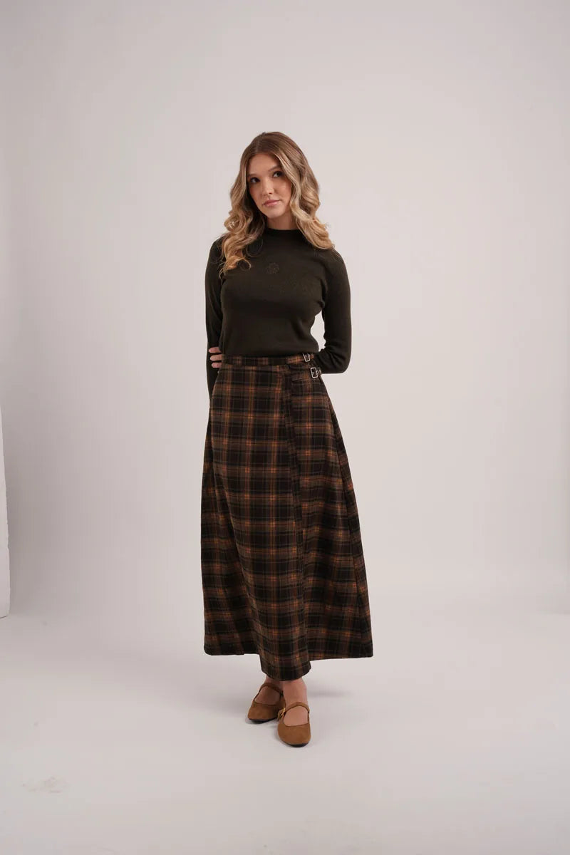 AS AW26 fashion Embroidered knit mockneck top + Plaid buckle skirt match woman clothes