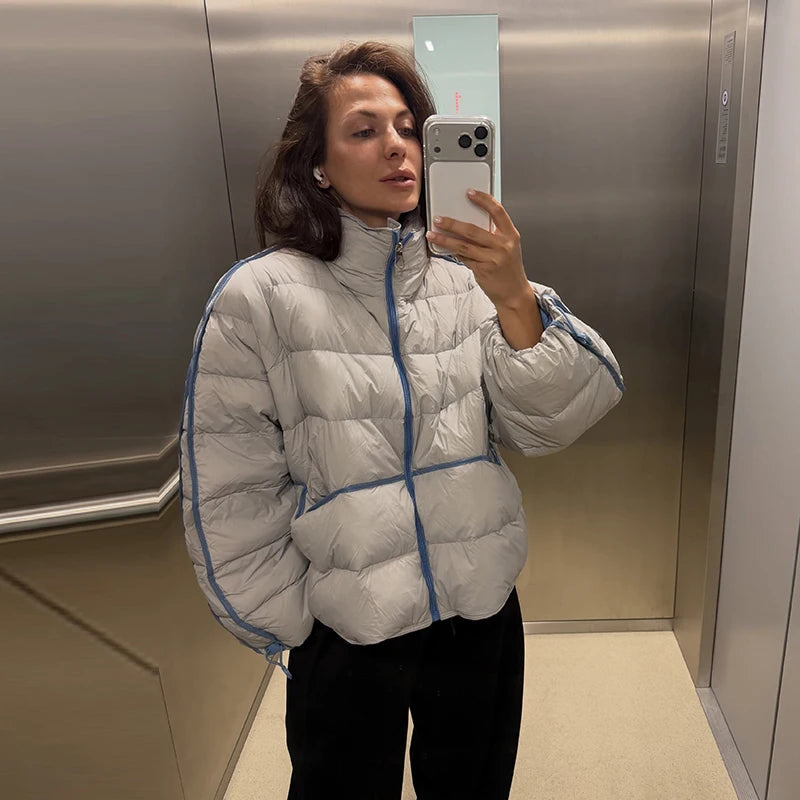 Casual Contrasted Color Women's Cotton Coats Zippers Stand Collar Loose Lady Thicken Jackets 2026 Autumn Winter Female Tops New