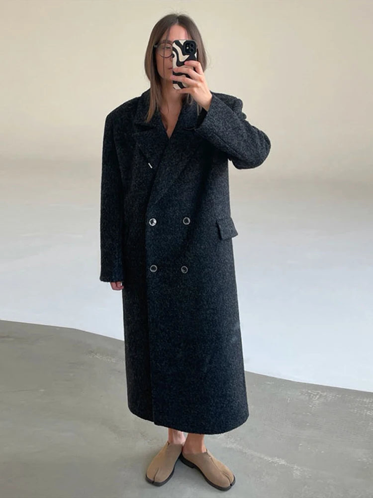 Women's Long Overcoats Lapel Full Sleeve Oversized Woolen Coats Autumn Female Double Breasted Solid Loose Jackets New Outerwears