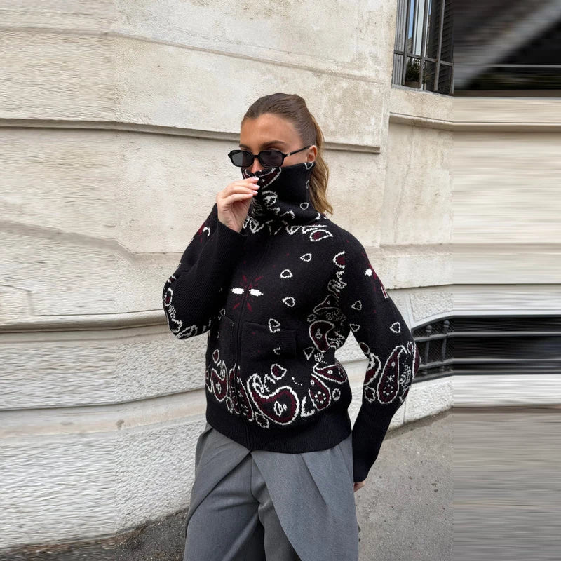 Fashion Knit Jacquard Cardigan Women Gray Stand Collar Zipper Full Sleeve Sweater 2026 Autumn Winter Lady Casual Street Knitwear