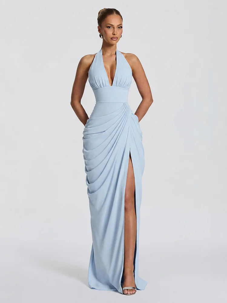 Sexy Solid Pleated Halter Women's Dress Fashion Sleeveless Backless Waist-cinching Split Maxi Dresses 2026 Summer Party Gowns