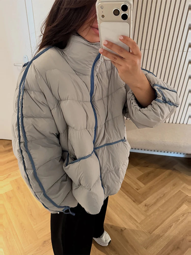 Casual Contrasted Color Women's Cotton Coats Zippers Stand Collar Loose Lady Thicken Jackets 2026 Autumn Winter Female Tops New