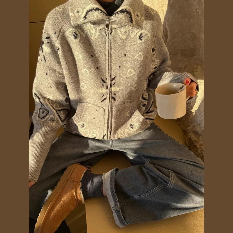 Fashion Knit Jacquard Cardigan Women Gray Stand Collar Zipper Full Sleeve Sweater 2026 Autumn Winter Lady Casual Street Knitwear