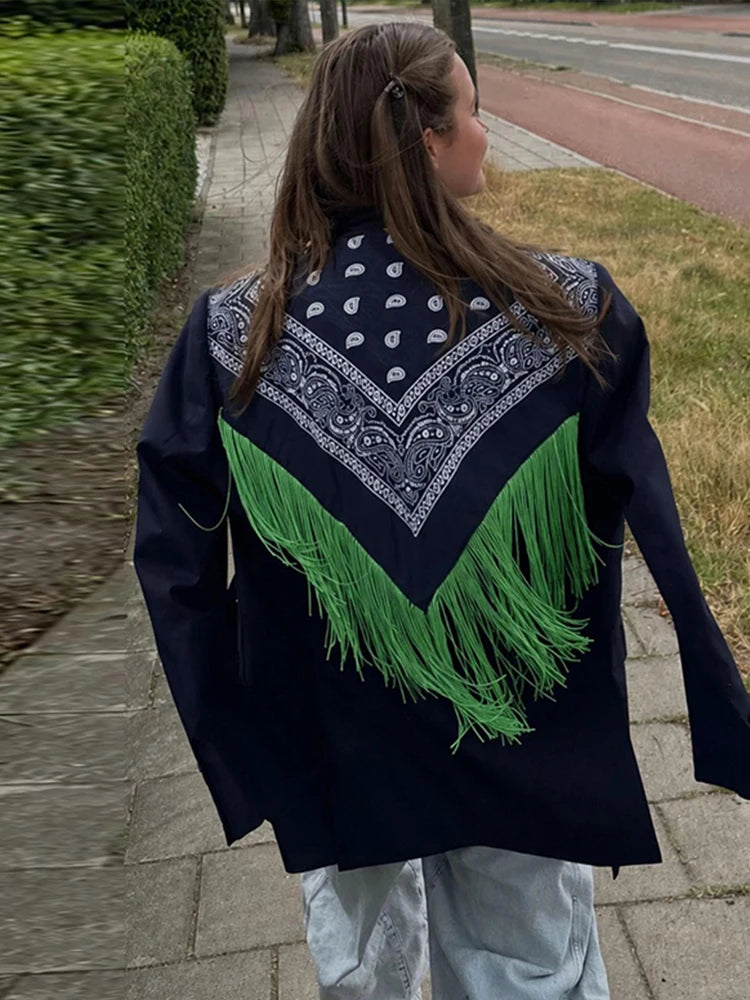Fashion Women's Printed Tassels Blazer Loose Lapel Single Breasted Full Sleeve Female Suit Jackets 2026 Autumn Commute Outwear