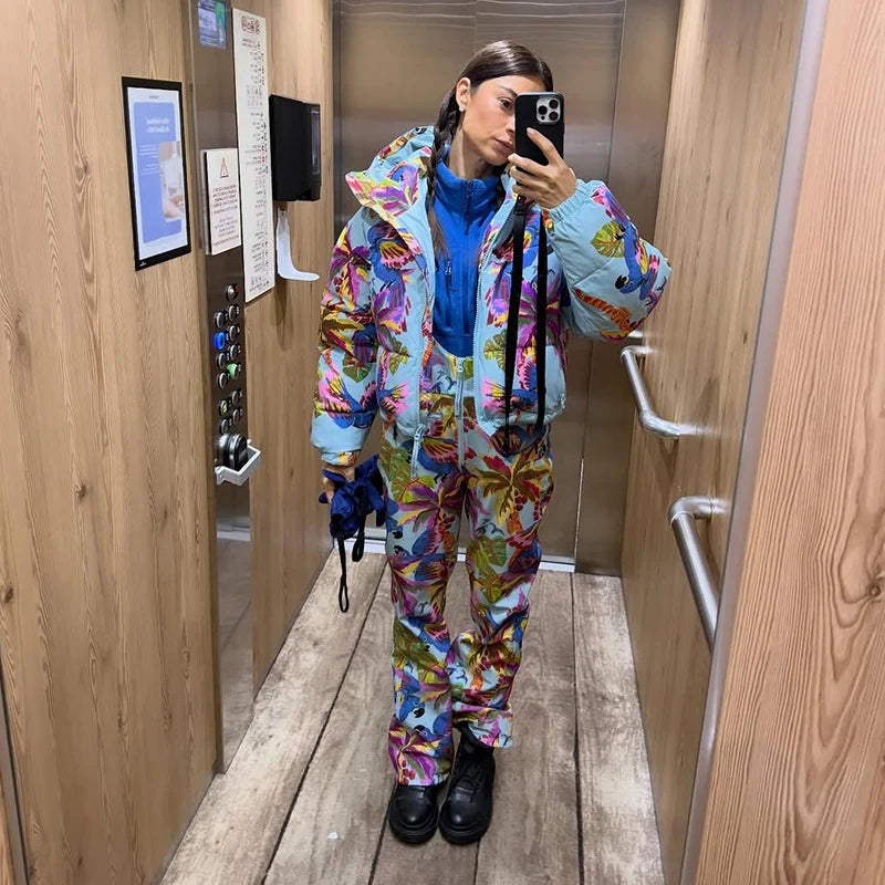 Women's Printed Hooded Ski Jackets Jumpsuit Sets Long Sleeve Zipper Short Coats Straight Leg Overalls 2026 Winter Lady Ski Suits